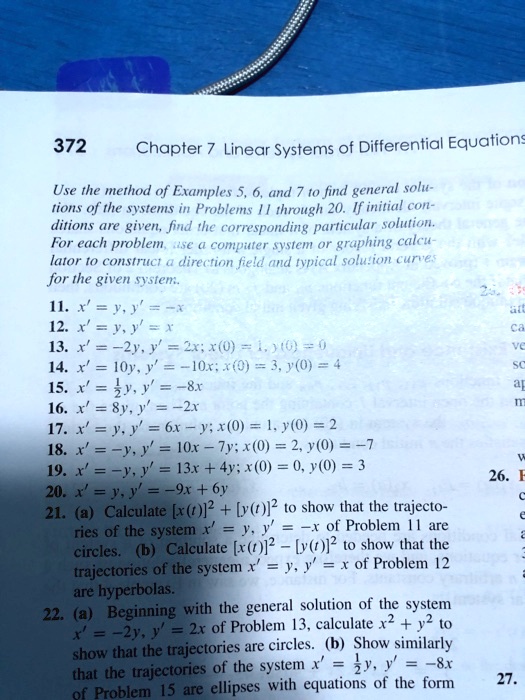 Chapter 7 Linear Systems of Differential Equations
Use the method of Examples 5, 6, and 7 to find general solutions of the systems in Problems 11 through 20. If initial conditions are given, find the corresponding particular solution. For each problem, use a computer system or graphing calculator to construct a direction field and typical solution curves for the given system.
11. x' = y, y' = -x
12. x' = y, y' = x
13. x' = -2y, y' = 2x; x(0) = 1, y(0) = 0
14. x' = 10y, y' = -10x; x(0) = 3, y(0) = 4
15. x' = 1/2y, y' = -8x
16. x' = 8y, y' = -2x
17. x' = y, y' = 6x - y; x(0) = 1, y(0) = 2
18. x' = -y, y' = 10x - 7y; x(0) = 2, y(0) = -7
19. x' = -y, y' = 13x + 4y; x(0) = 0, y(0) = 3
20. x' = y, y' = -9x + 6y
21. (a) Calculate [x(t)]^2 + [y(t)]^2 to show that the trajectories of the system x' = y, y' = -x of Problem 11 are circles. (b) Calculate [x(t)]^2 - [y(t)]^2 to show that the trajectories of the system x' = y, y' = x of Problem 12 are hyperbolas.
22. (a) Beginning with the general solution of the system x' = -2y, y' = 2x of Problem 13, calculate x^2 + y^2 to show that the trajectories are circles. (b) Show similarly that the trajectories of the system x' = 1/2y, y' = -8x of Problem 15 are ellipses with equations of the form