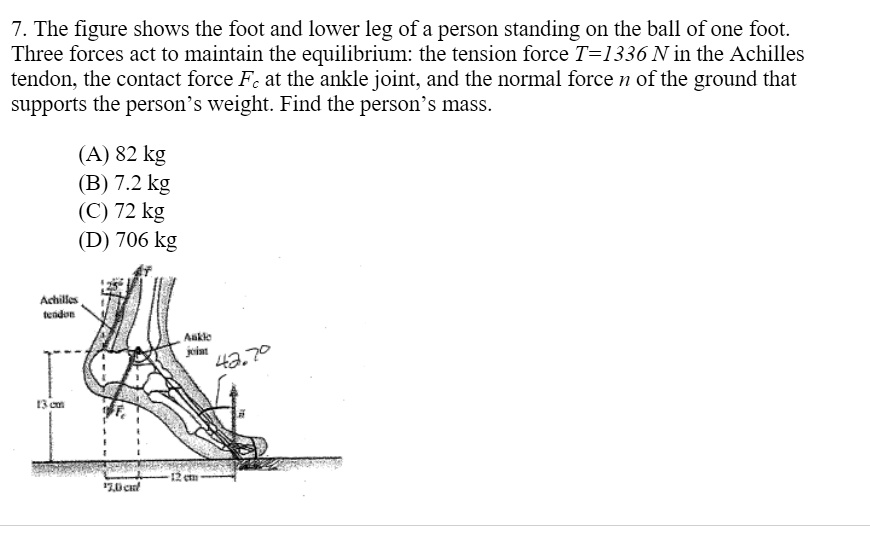 7. The figure shows the foot and lower leg of a person standing on the ball of one foot.
Three forces act to maintain the equilibrium: the tension force (T=1336) N in the Achilles
tendon, the contact force (Fc) at the ankle joint, and the normal force (n) of the ground that
supports the person's weight. Find the person's mass.
(A) 82 kg
(B) 7.2 kg
(C) 72 kg
(D) 706 kg