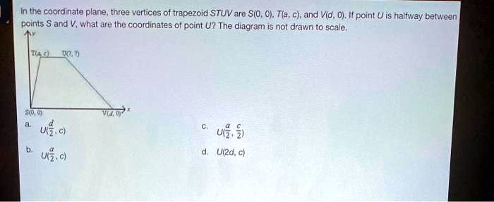 In the coordinate plane, three vertices of trapezoid STUV are S(0, 0), T(a, c), and V(d, 0). If point U is halfway between points S and V, what are the coordinates of point U? The diagram is not drawn to scale.
a. U((d)/(2), c)
b. U((a)/(2), c)
c. U((a)/(2), (c)/(2))
d. U(2d, c)