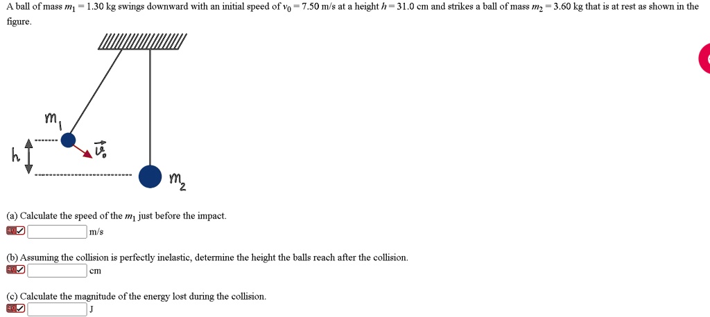 SOLVED: A ball of mass m1 = 1.30 kg swings downward with an initial ...