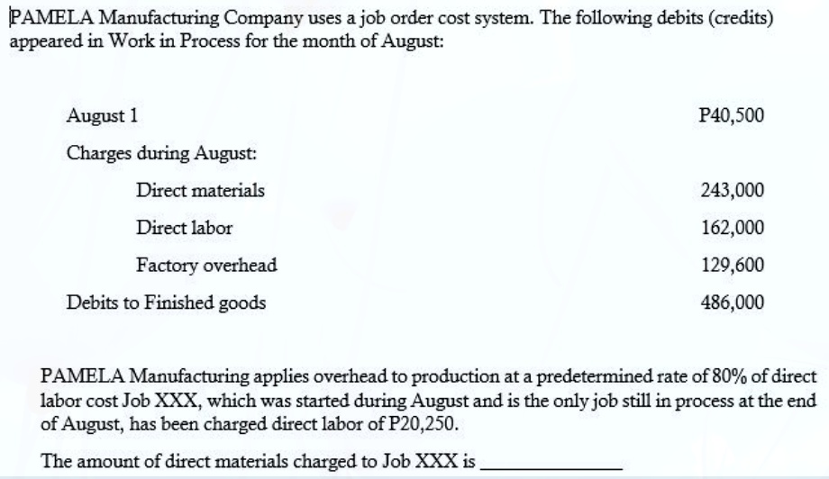 SOLVED 'PAMELA Manufacturing Company uses job order cost system The