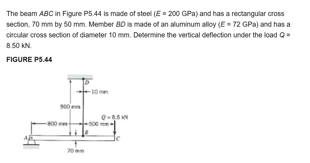 the beam abc in figure p544 is made of steel e 200 gpa and has a rectangular cross section 70 mm by 50 mm member bd is made of an aluminum alloy e 72 gpa and has a circular cross section of  92209