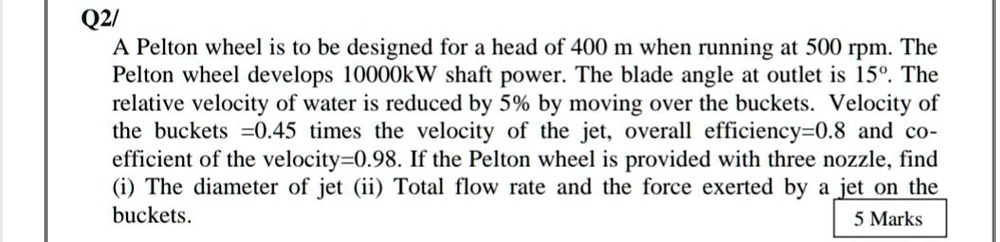 SOLVED: A Pelton wheel is to be designed for a head of 400 m when ...