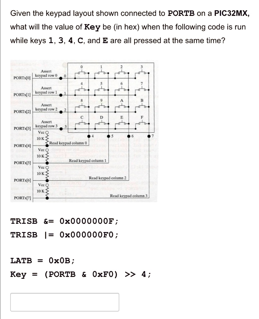 given the keypad layout shown connected to portb on a pic32mx what will ...