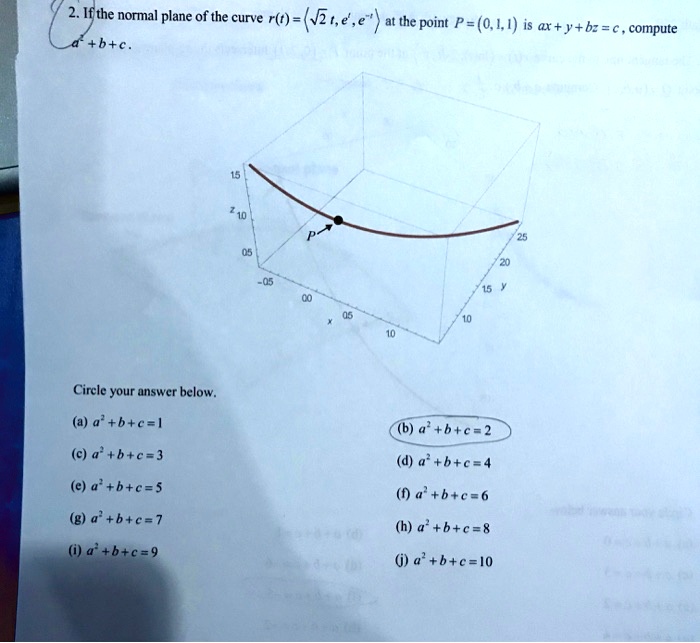 Solved Ifthe Normal Plane Of The Curve R6 J2u E E At The Point P 0 1 1 Is Ax Y Bz A Compute B 0 Circle Your Answer Below A A B C L B 0 2 C B C 3 D A B C 4