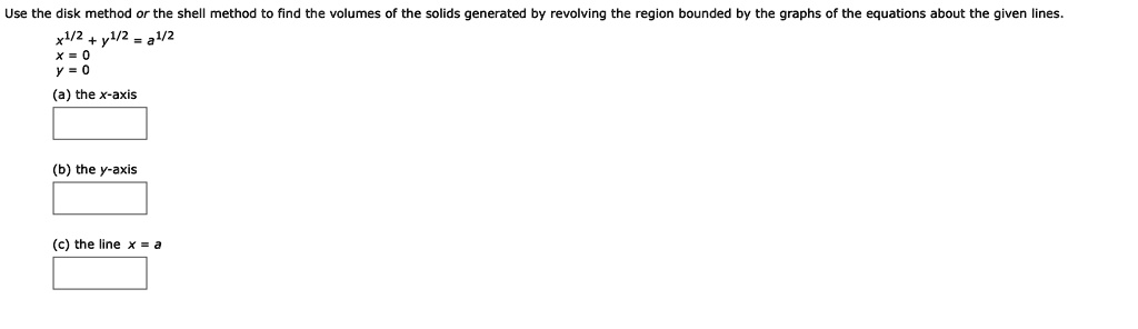 SOLVED: Use the disk method or the shell method to find the volumes of ...
