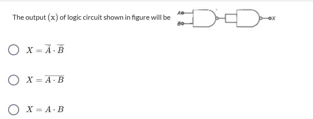 The output (x) of logic circuit shown in figure will be X=A̅·B̅ X=A · B ...