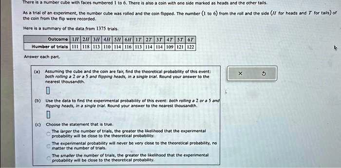There is a number cube with faces numbered 1 to 6. There is also a coin ...