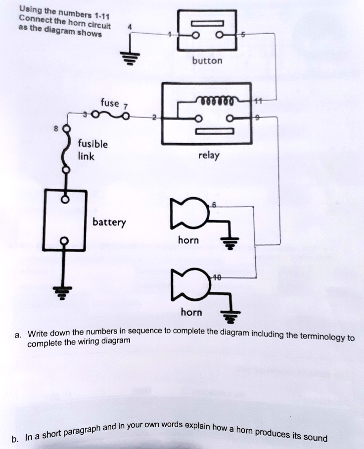 SOLVED Using the numbers 111 Connect the horn circuit as the diagram shows button fuse 7