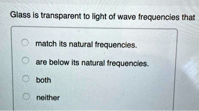 Glass is transparent to light of wave frequencies that
match its natural frequencies.
are below its natural frequencies.
both
neither