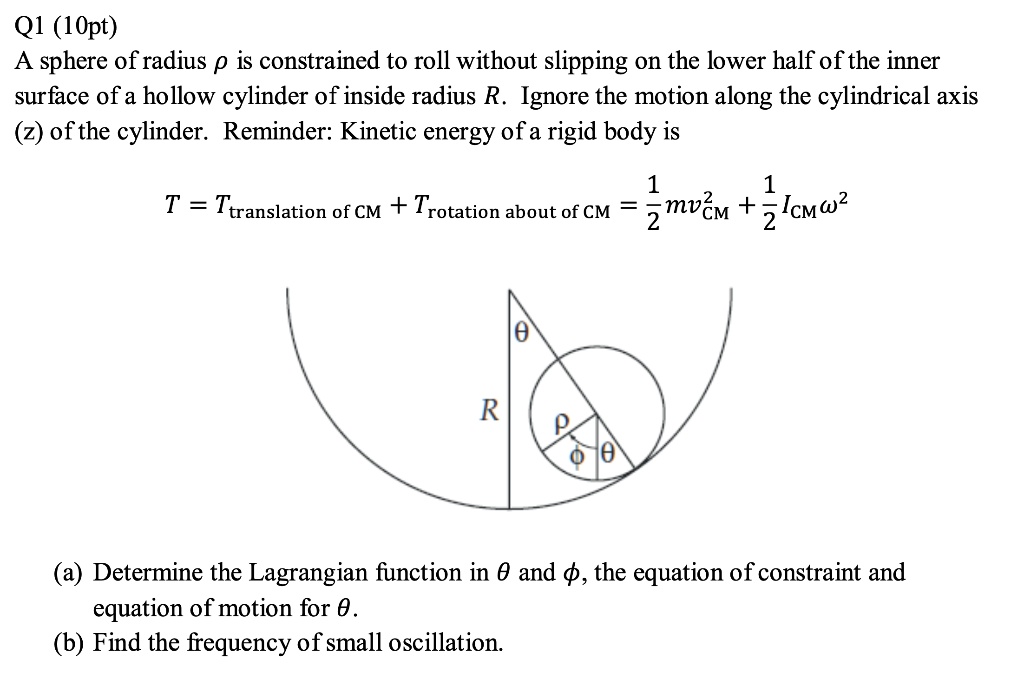 A sphere of radius p is constrained to roll without slipping on the lower half of the inner