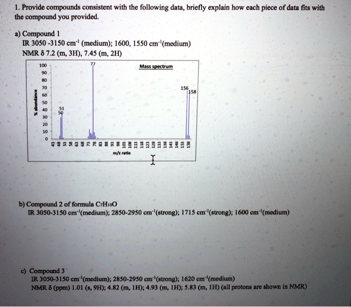provide compounds consistent with the following data briefly explain how each piece of data fits with the compound you provided compound 3050 3150 cm medium 1600 1ss0 cm medium nmr 72 m 3h 7 06679