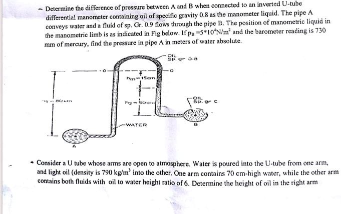 Determine the difference of pressure between A and B when connected to ...