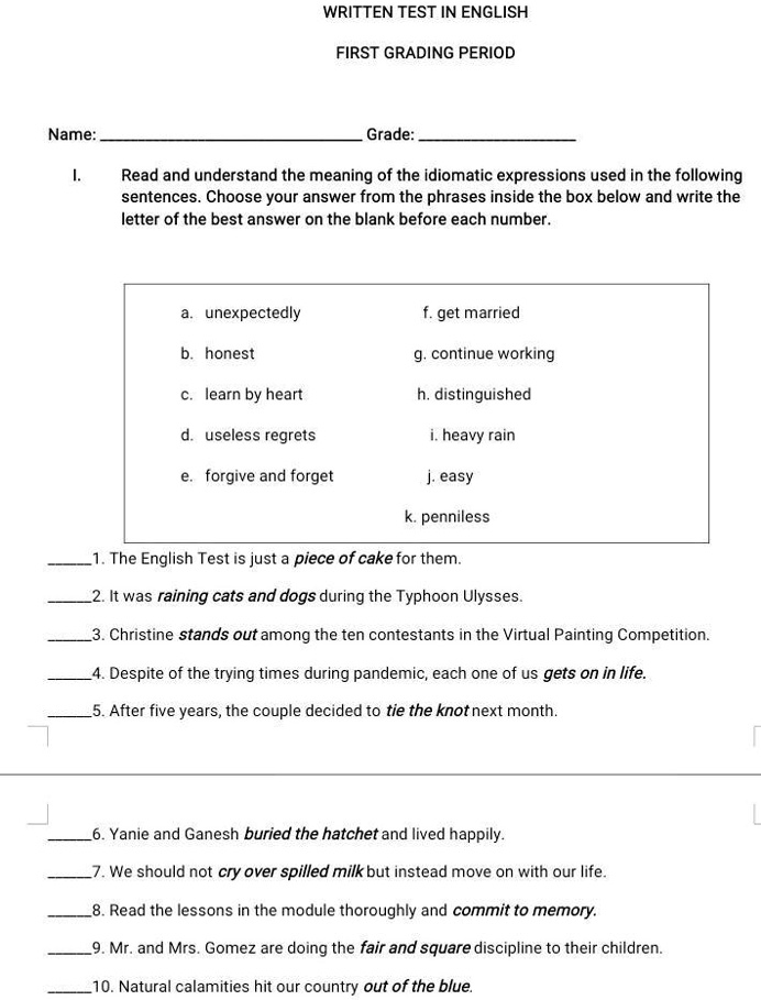 SOLVED: Please answer this. I need this now. WRITTEN TEST IN ENGLISH ...