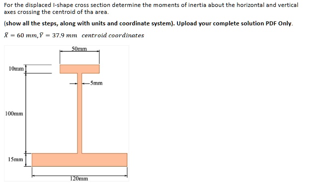 For the displaced I-shape cross section determine the moments of inertia about the horizontal and vertical axes crossing the centroid of tha area.
(show all the steps, along with units and coordinate system). Upload your complete solution PDF Only.
X̅ = 60 mm, Y̅ = 37.9 mm centroid coordinates