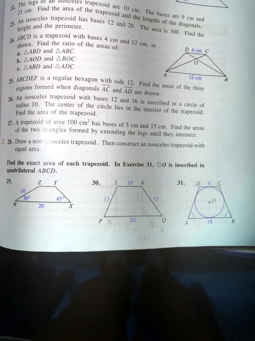 SOLVED: The legs, Asusceics trapezoid Find the area of the are 10 cm ...