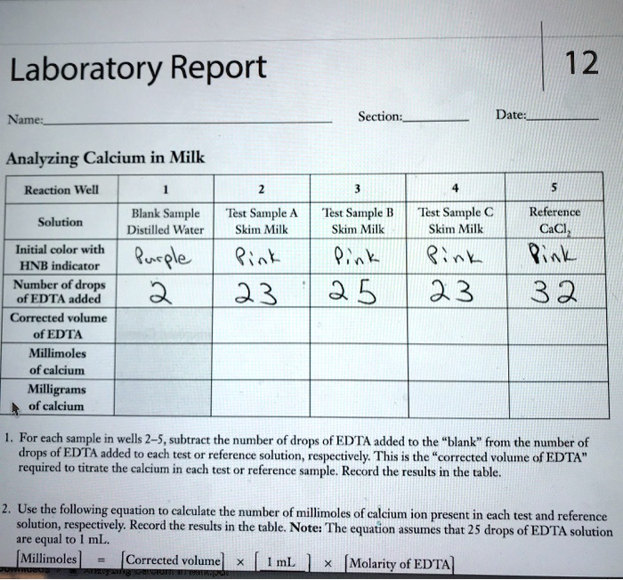 laboratory report name 12 section date analyzing calcium in milk ...