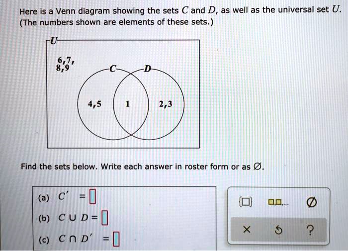 SOLVED Here is a Venn diagram showing the sets C and D, as well as the