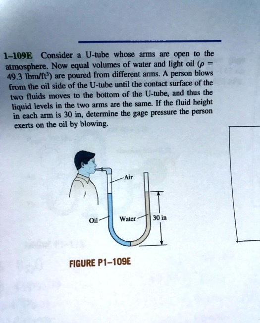 1–109E Consider a U-tube whose arms are open to the atmosphere. Now equal volumes of water and light oil (? = 49.3 lbm/ft^3) are poured into different arms. A person blows from the oil side of the U-tube until the contact surface of the two fluids moves to the bottom of the U-tube, and thus the liquid levels in the two arms are the same. If the fluid height in each arm is 30 in, determine the gage pressure the person exerts on the oil by blowing.
