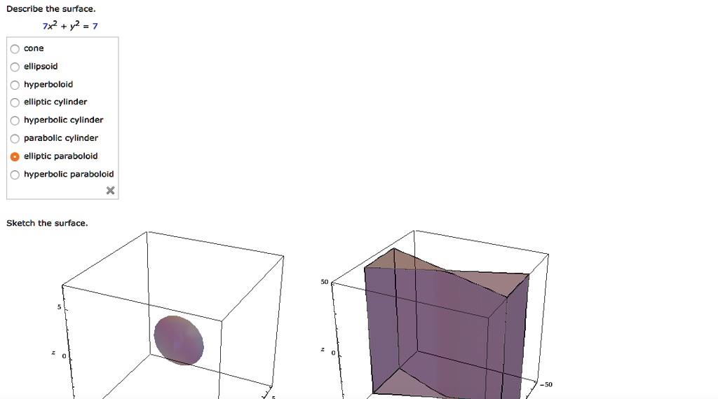 SOLVED: Text: Describe the surface 7x^2 + y^2 = cone ellipsoid ...