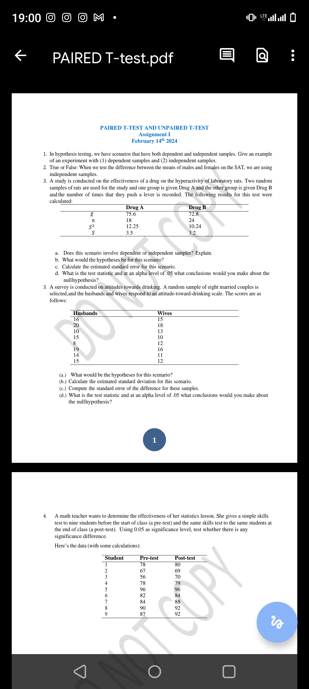 SOLVED: 19:00 PAIRED T-test.pdf PAIRED T-TEST AND UNPAIRED T-TEST ...