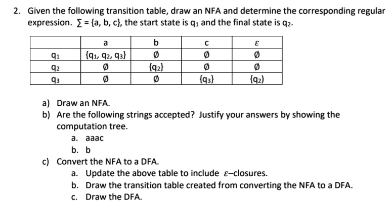 SOLVED: Given the following transition table, draw an NFA and determine ...