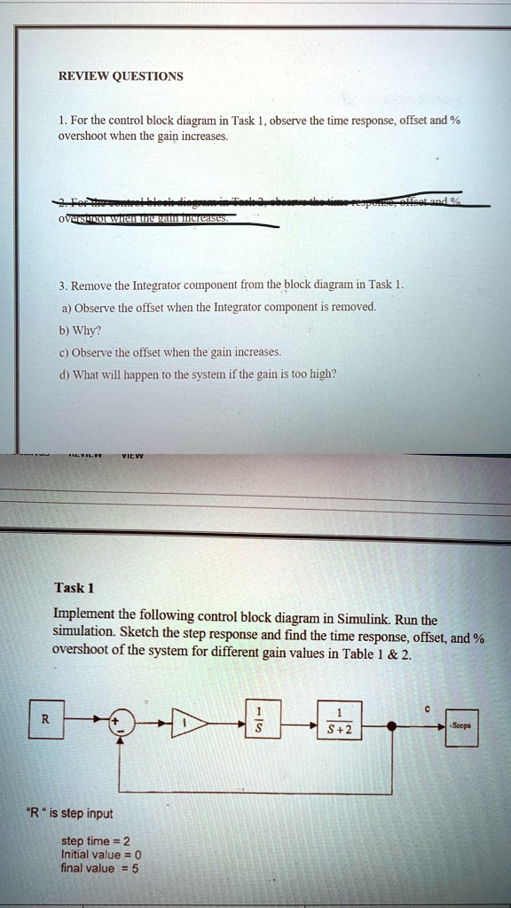 REVIEW QUESTIONS 1. For the control block diagram in Task 1, observe ...