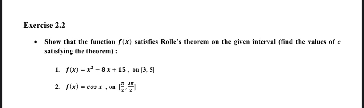 SOLVED: Exercise 2.2 - Show that the function f(x) satisfies Rolle's ...