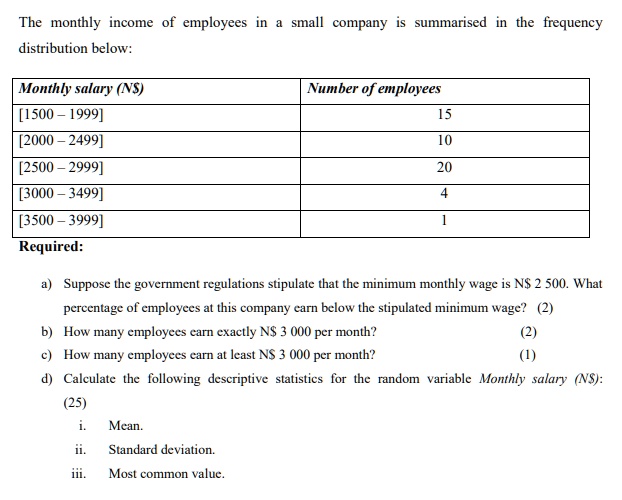 SOLVED: The monthly income of employees distribution below: small company  summarised in the frequency Monthly salary (NS) [1500 1999] [2000 2499]  Number of employees [2500 2999] [3000 3499] [3500 3999] Required: Suppose