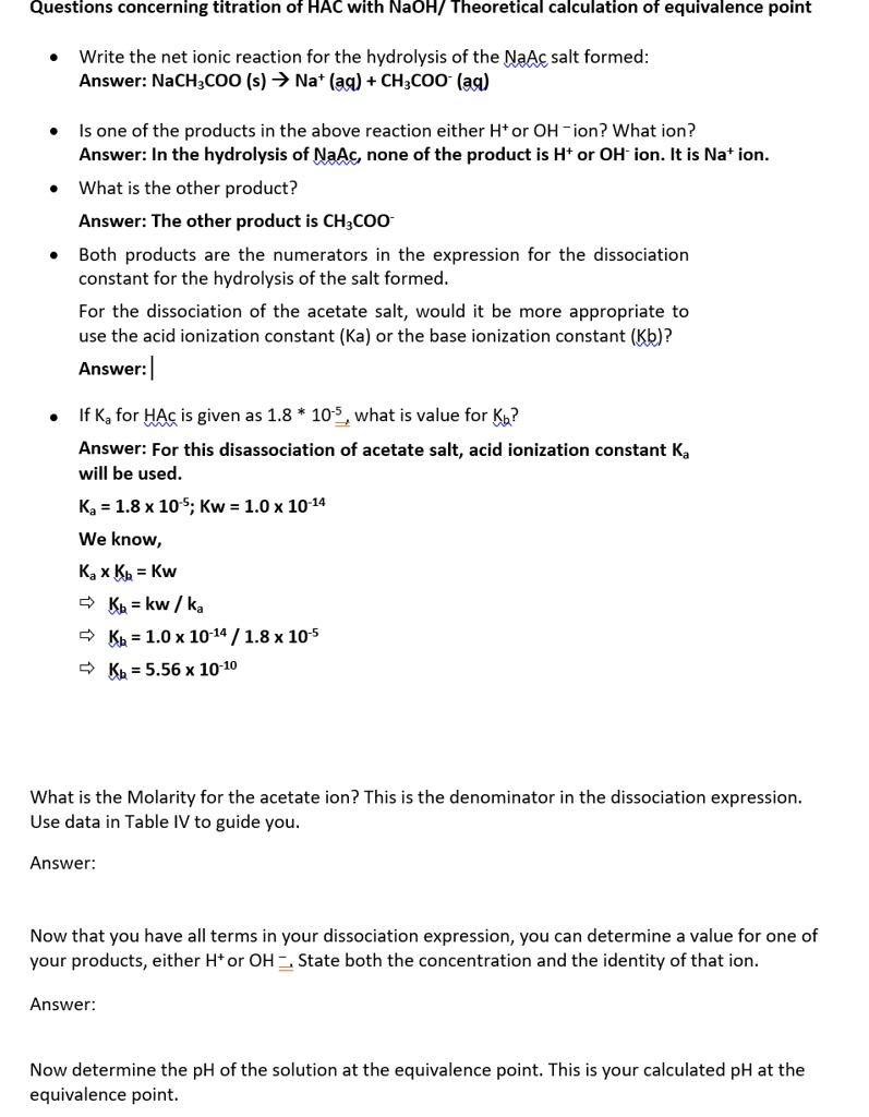 SOLVED Questions concerning titration of HAC with NaOH/ Theoretical