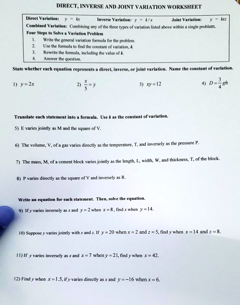 SOLVED:DIRECT, INVERSE AND JOINT VARIATION WORKSHEET Direct With Direct Variation Worksheet Answers