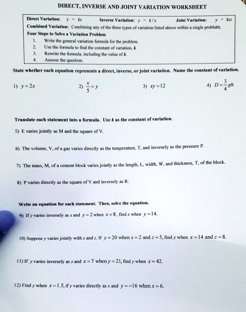 direct inverse and joint variation worksheet direct variation invcrsc