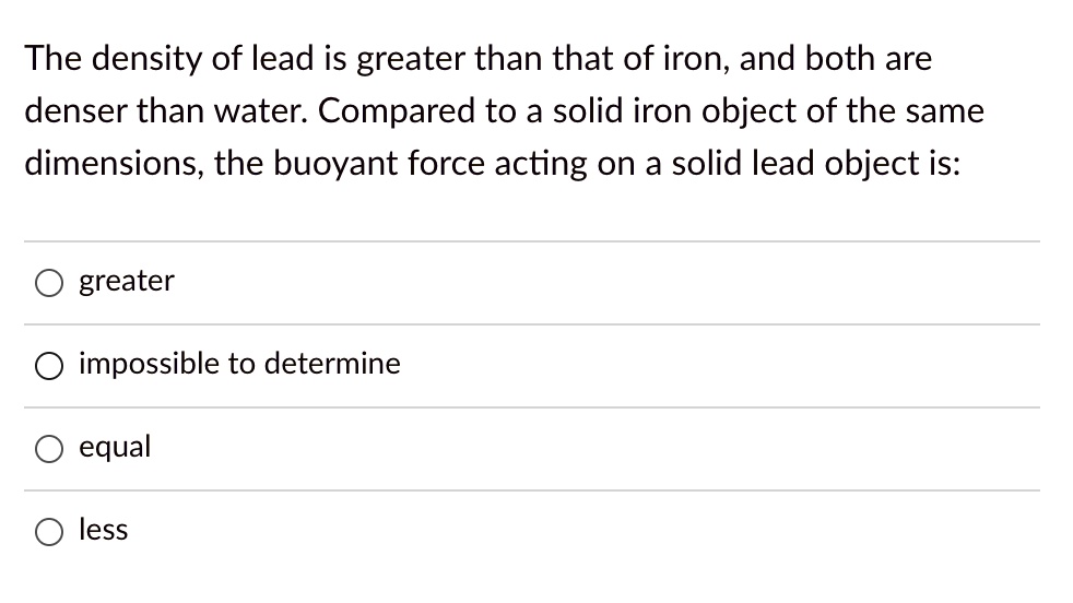 SOLVED The density of lead is greater than that of iron; and both are