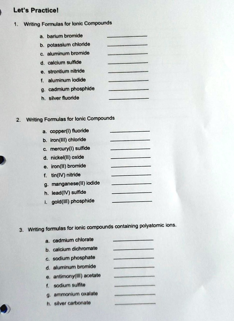 SOLVED Let's Practicel Writing Formulas for Ionic Compounds barium bromide potassium chloride