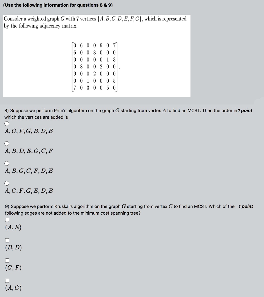 (Use the following information for questions 8 9) Consider a weighted ...
