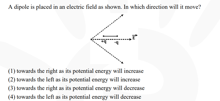 A dipole is placed in an electric field as shown. In which direction ...