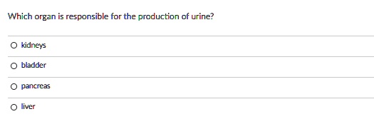 Which organ is responsible for the production of urine?
O kidneys
O bladder
O pancreas
O liver