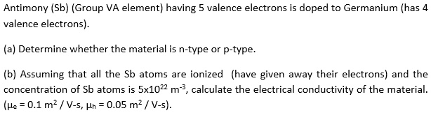 SOLVED: Antimony (Sb) (Group VA element) having 5 valence electrons is ...