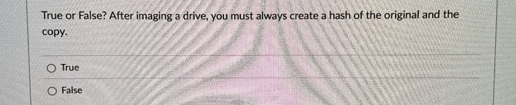 true or false after imaging a drive you must always create a hash of the original and the copy true false 56779
