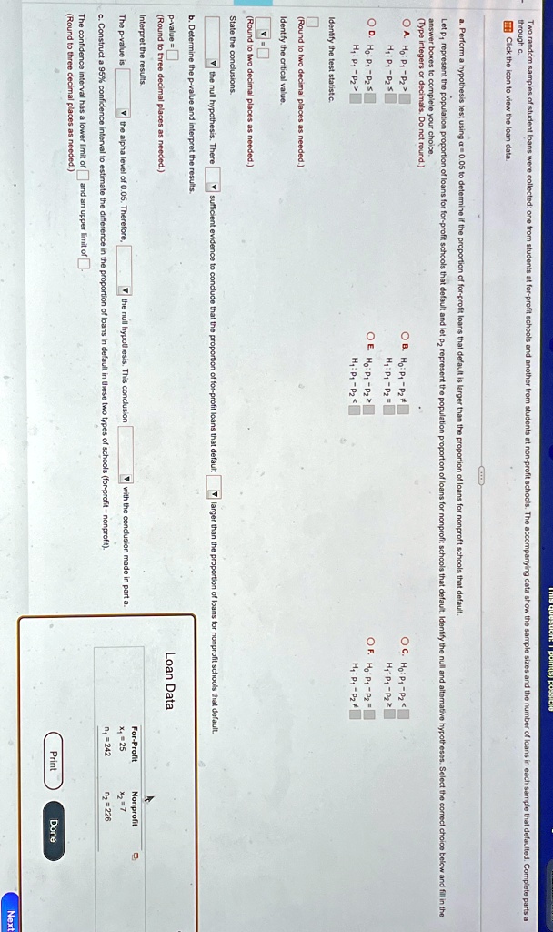 through c click the icon to view the loan data a perform a hypothesis test using 005 to determine if the proportion of for profit loans that default is larger than the proportion of loans fo 15844