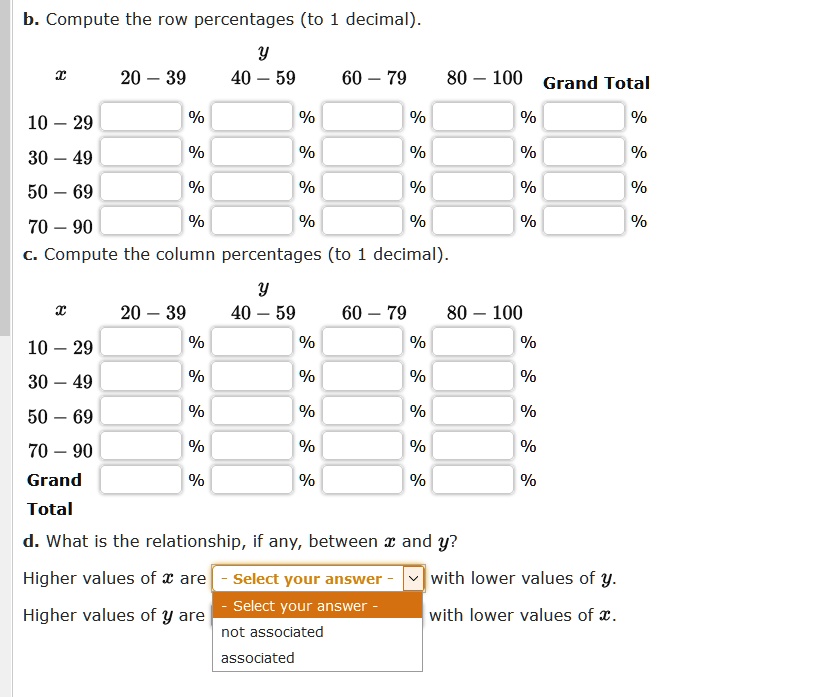 SOLVED b Compute the row percentages to 1 decimal 20 39 40 59