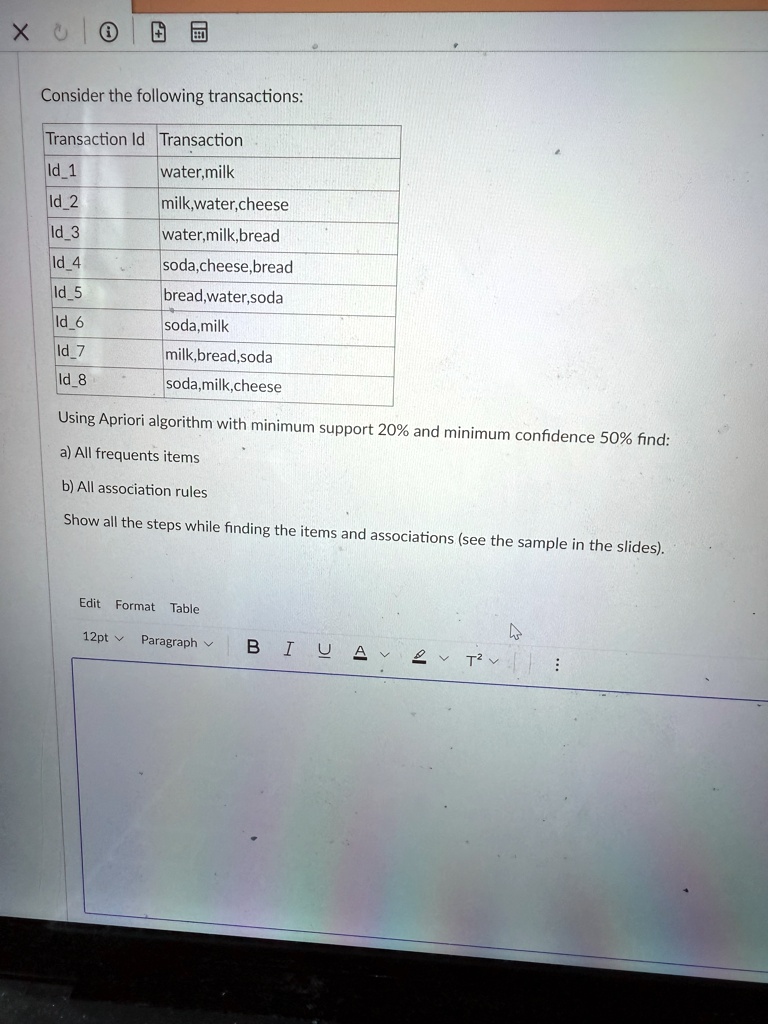 consider the following transactions transaction id transaction id1 watermilk id2 milkwatercheese id3 watermilkbread id4 sodacheesebread id5 breadwatersoda id6 sodamilk id7 milkbreadso 57269