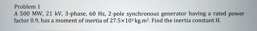 A 500 MW, 21 kV, 3-phase, 60 Hz, 2-pole synchronous generator having a rated power factor 0.9, has a moment of inertia of 27.5×10³ kg.m². Find the inertia constant H.