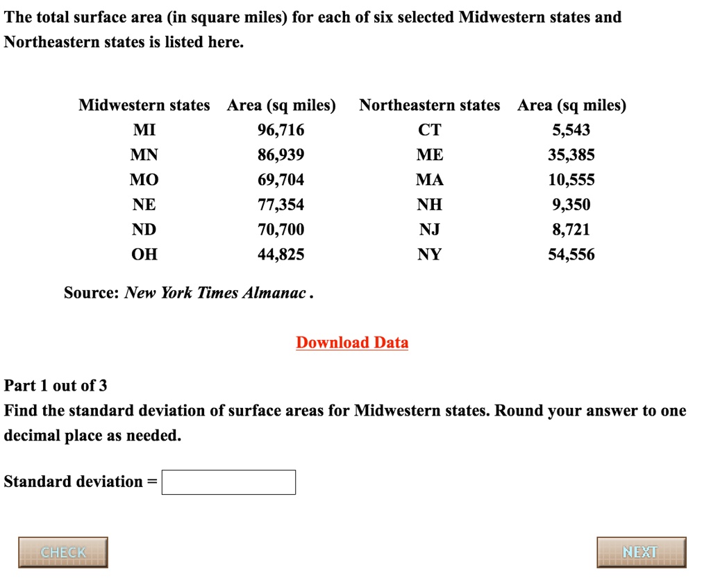 The total surface area in square miles for each of six..., image size:1024x833