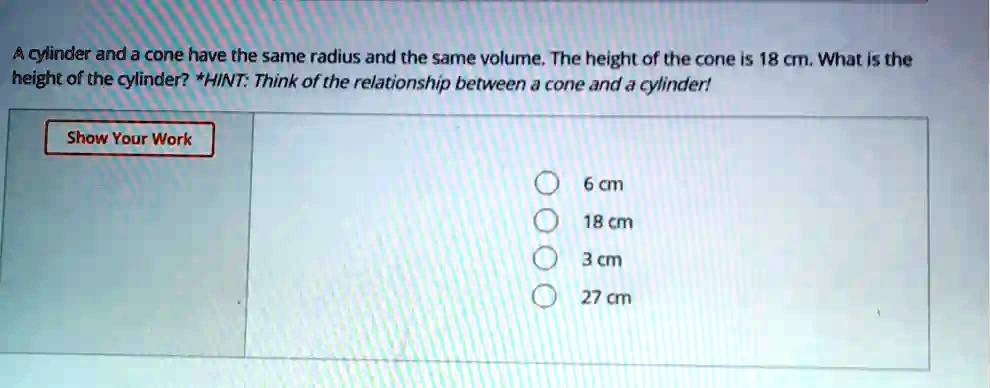 relation between volume of cone and cylinder with same radius and height