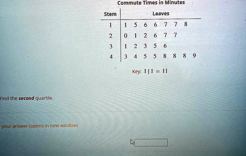 Find the second quartile.
your answer (opens in new window)
Commute Times in Minutes
Leaves
Stem
1
1 5 6 6 7 7 8
2
0 1 2 6 7 7
3
1 2 3 5 6
4
3 4 5 5 8 8 8 9
Key: 1|1 = 11
