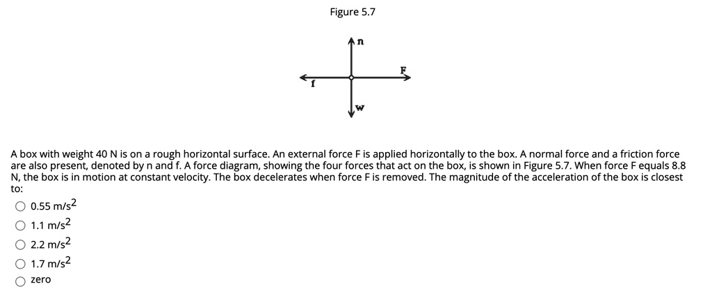 Figure 5.7
n
f F
w
A box with weight 40 N is on a rough horizontal surface. An external force F is applied horizontally to the box. A normal force and a friction force are also present, denoted by n and f. A force diagram, showing the four forces that act on the box, is shown in Figure 5.7. When force F equals 8.8 N, the box is in motion at constant velocity. The box decelerates when force F is removed. The magnitude of the acceleration of the box is closest to:
0.55 m/s^2
1.1 m/s^2
2.2 m/s^2
1.7 m/s^2
zero