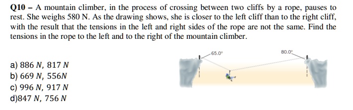 Q10 A mountain climber, in the process of crossing between two cliffs by a rope, pauses to
rest. She weighs 580 N. As the drawing shows, she is closer to the left cliff than to the right cliff,
with the result that the tensions in the left and right sides of the rope are not the same. Find the
tensions in the rope to the left and to the right of the mountain climber.
a) 886 N, 817 N
b) 669 N, 556N
c) 996 N, 917 N
d)847 N, 756 N
65.0°
80.0°