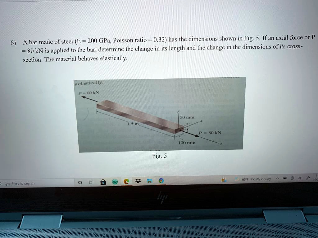 6) A bar made of steel (E = 200 GPa, Poisson ratio = 0.32)...