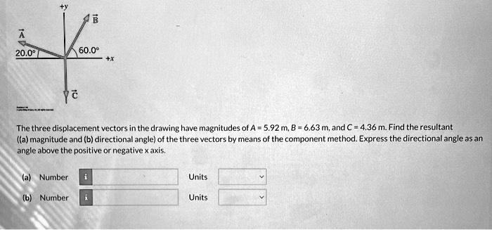 +y
B
A
20.0°
60.0°
+x
C
The three displacement vectors in the drawing have magnitudes of A = 5.92 m, B = 6.63 m, and C = 4.36 m. Find the resultant ((a) magnitude and (b) directional angle) of the three vectors by means of the component method. Express the directional angle as an angle above the positive or negative x axis.
(a) Number
Units
(b) Number
Units